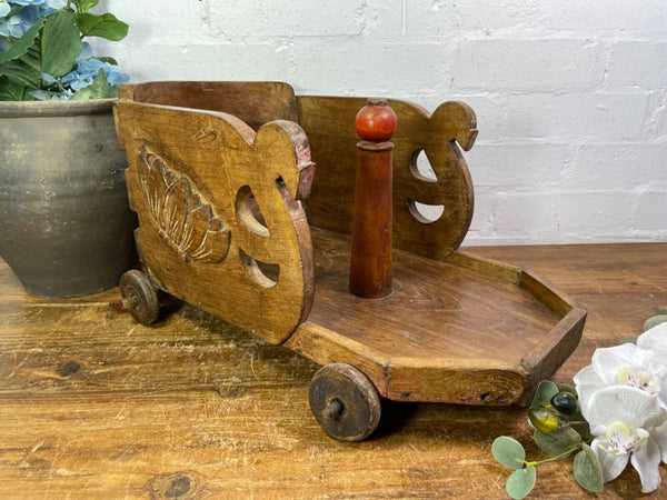 Rare Vintage Antique Colonial Indian Hardwood Childrens Toy Pull Along Cart