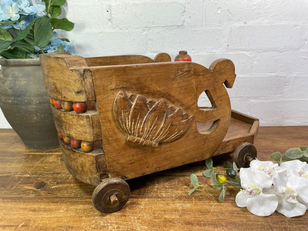 Rare Vintage Antique Colonial Indian Hardwood Childrens Toy Pull Along Cart