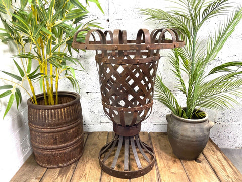 Large Vintage Rustic Heavy Duty Riveted Iron Lattice Garden Planter Urn Fire Pit