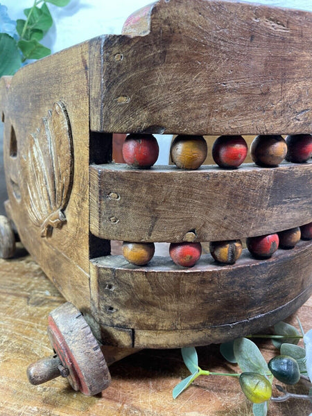 Rare Vintage Antique Colonial Indian Hardwood Childrens Toy Pull Along Cart