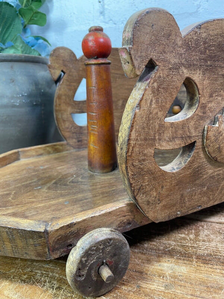 Rare Vintage Antique Colonial Indian Hardwood Childrens Toy Pull Along Cart