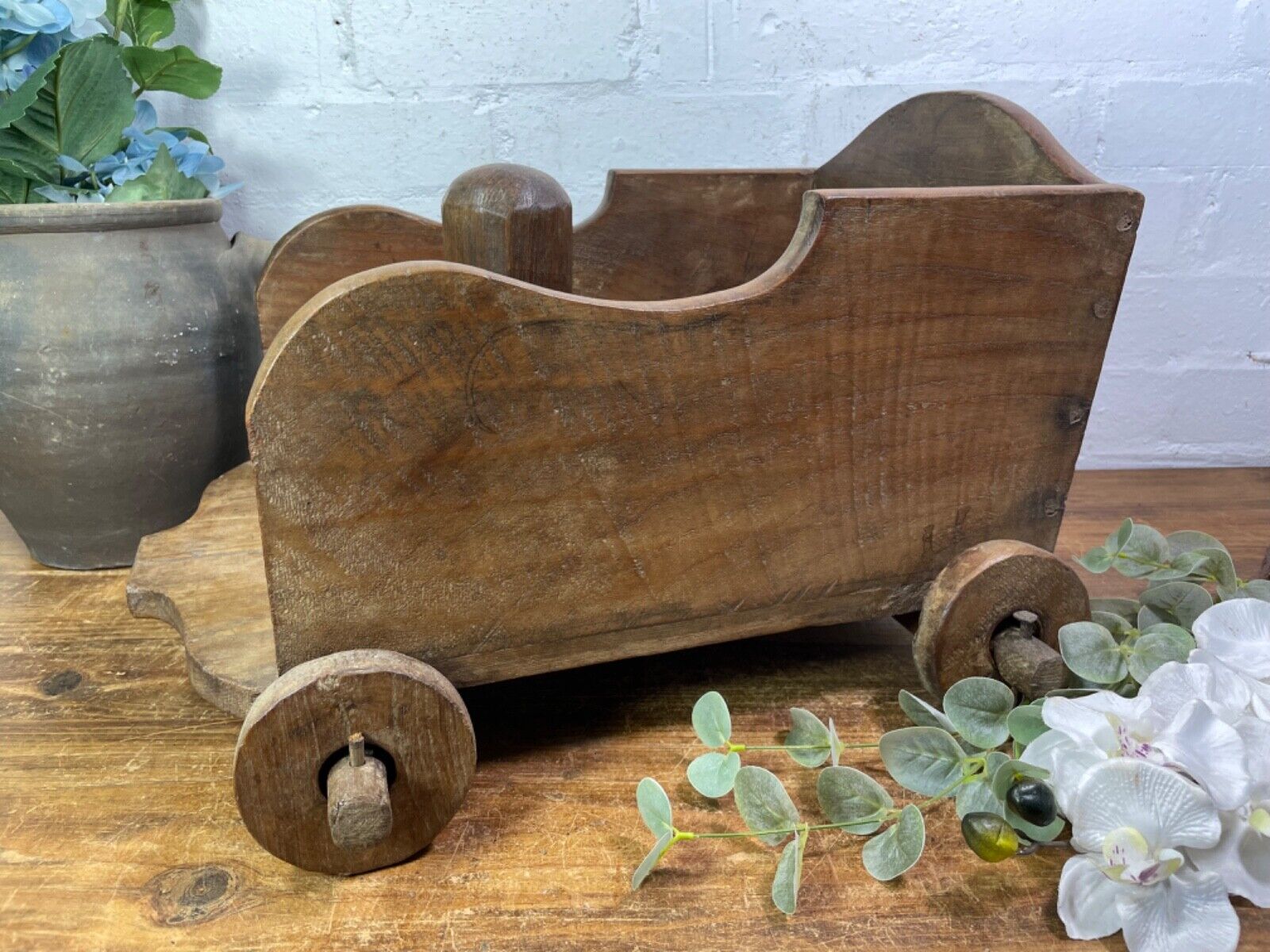 Rare Vintage Antique Colonial Indian Hardwood Childrens Toy Pull Along Cart
