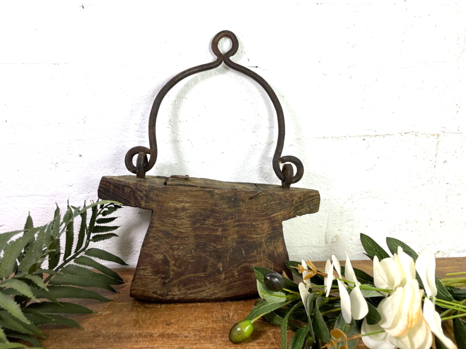 Vintage Indian Rustic Wabi Sabi Hand Carved Teak Wooden Oil Lantern Container