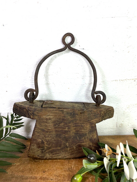 Vintage Indian Rustic Wabi Sabi Hand Carved Teak Wooden Oil Lantern Container