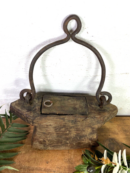 Vintage Indian Rustic Wabi Sabi Hand Carved Teak Wooden Oil Lantern Container
