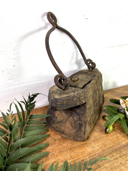 Vintage Indian Rustic Wabi Sabi Hand Carved Teak Wooden Oil Lantern Container
