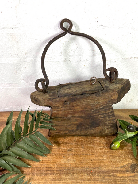 Vintage Indian Rustic Wabi Sabi Hand Carved Teak Wooden Oil Lantern Container