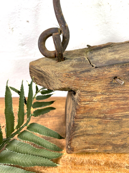 Vintage Indian Rustic Wabi Sabi Hand Carved Teak Wooden Oil Lantern Container