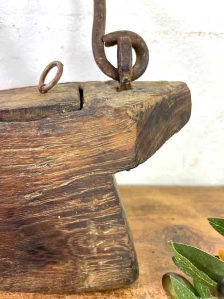 Vintage Indian Rustic Wabi Sabi Hand Carved Teak Wooden Oil Lantern Container