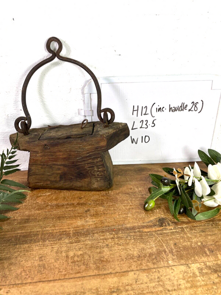 Vintage Indian Rustic Wabi Sabi Hand Carved Teak Wooden Oil Lantern Container