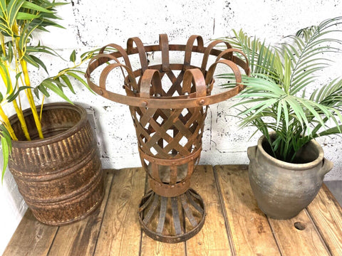 Large Vintage Rustic Heavy Duty Riveted Iron Lattice Garden Planter Urn Fire Pit