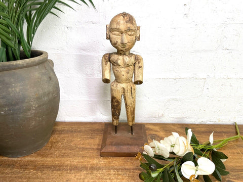 Vinatge Antique Hand Carved Wooden Puppet Statue Sculpture On Stand