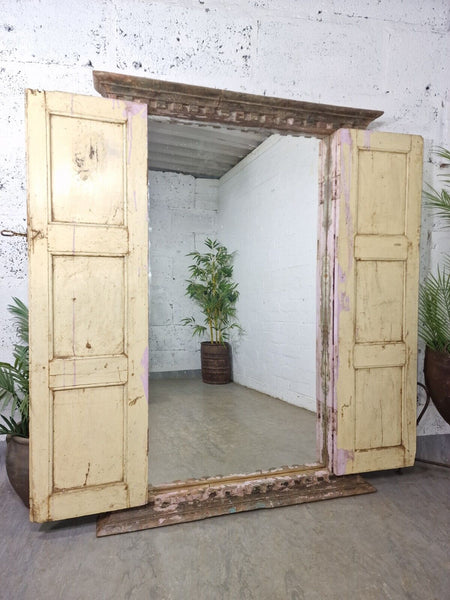 Large Reclaimed Vintage Indian Wooden Wall Window Frame Mirror Home Garden Decor