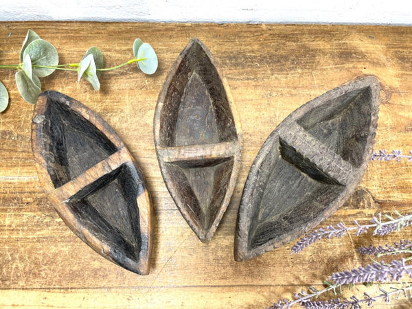 Vintage Indian Hand Carved Wooden Grain Flour Rice Scoop Salt Pepper Sugar Dish