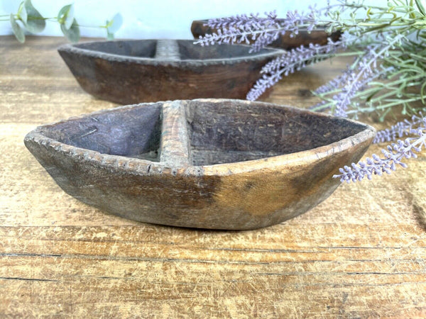 Vintage Indian Hand Carved Wooden Grain Flour Rice Scoop Salt Pepper Sugar Dish