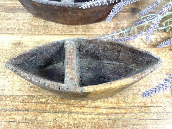 Vintage Indian Hand Carved Wooden Grain Flour Rice Scoop Salt Pepper Sugar Dish