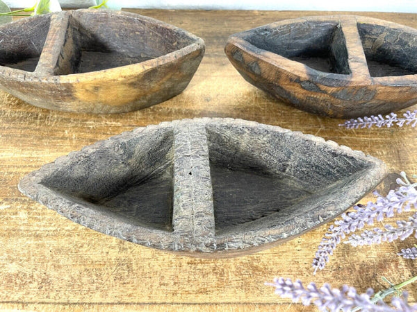 Vintage Indian Hand Carved Wooden Grain Flour Rice Scoop Salt Pepper Sugar Dish