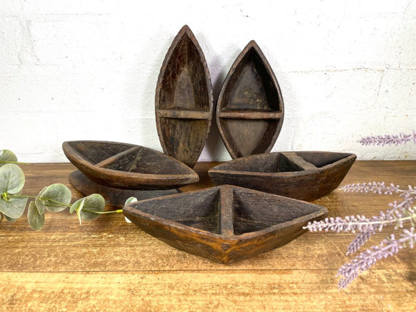 Vintage Indian Hand Carved Wooden Grain Flour Rice Scoop Salt Pepper Sugar Dish