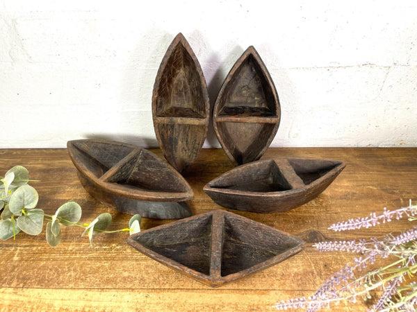 Vintage Indian Hand Carved Wooden Grain Flour Rice Scoop Salt Pepper Sugar Dish
