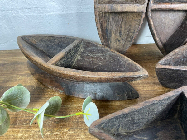 Vintage Indian Hand Carved Wooden Grain Flour Rice Scoop Salt Pepper Sugar Dish