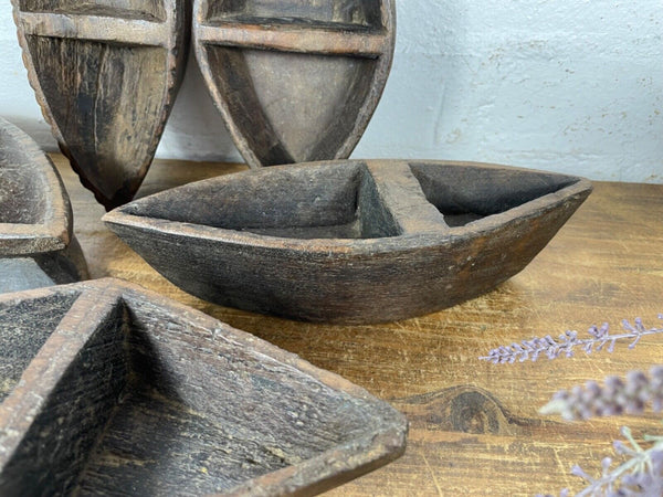 Vintage Indian Hand Carved Wooden Grain Flour Rice Scoop Salt Pepper Sugar Dish