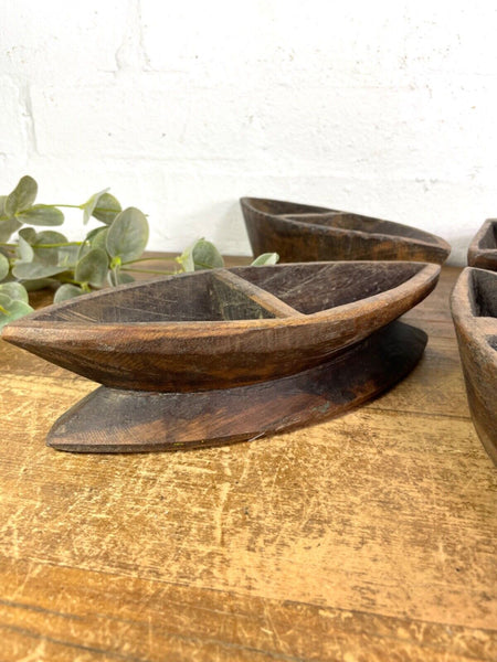 Vintage Indian Hand Carved Wooden Grain Flour Rice Scoop Salt Pepper Sugar Dish