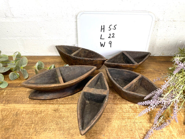 Vintage Indian Hand Carved Wooden Grain Flour Rice Scoop Salt Pepper Sugar Dish