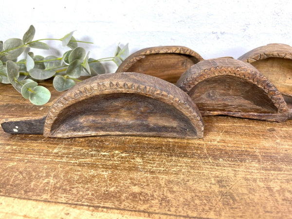 Vintage Indian Hand Carved Wooden Grain Flour Rice Scoop Salt Pepper Sugar Dish