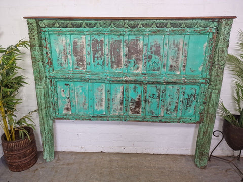 Vintage Antique Reclaimed Indian Carved Wooden  Double Kingsize Bed Headboard