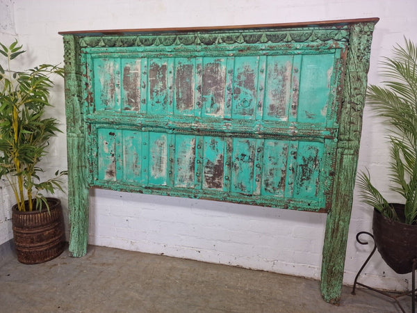 Vintage Antique Reclaimed Indian Carved Wooden  Double Kingsize Bed Headboard