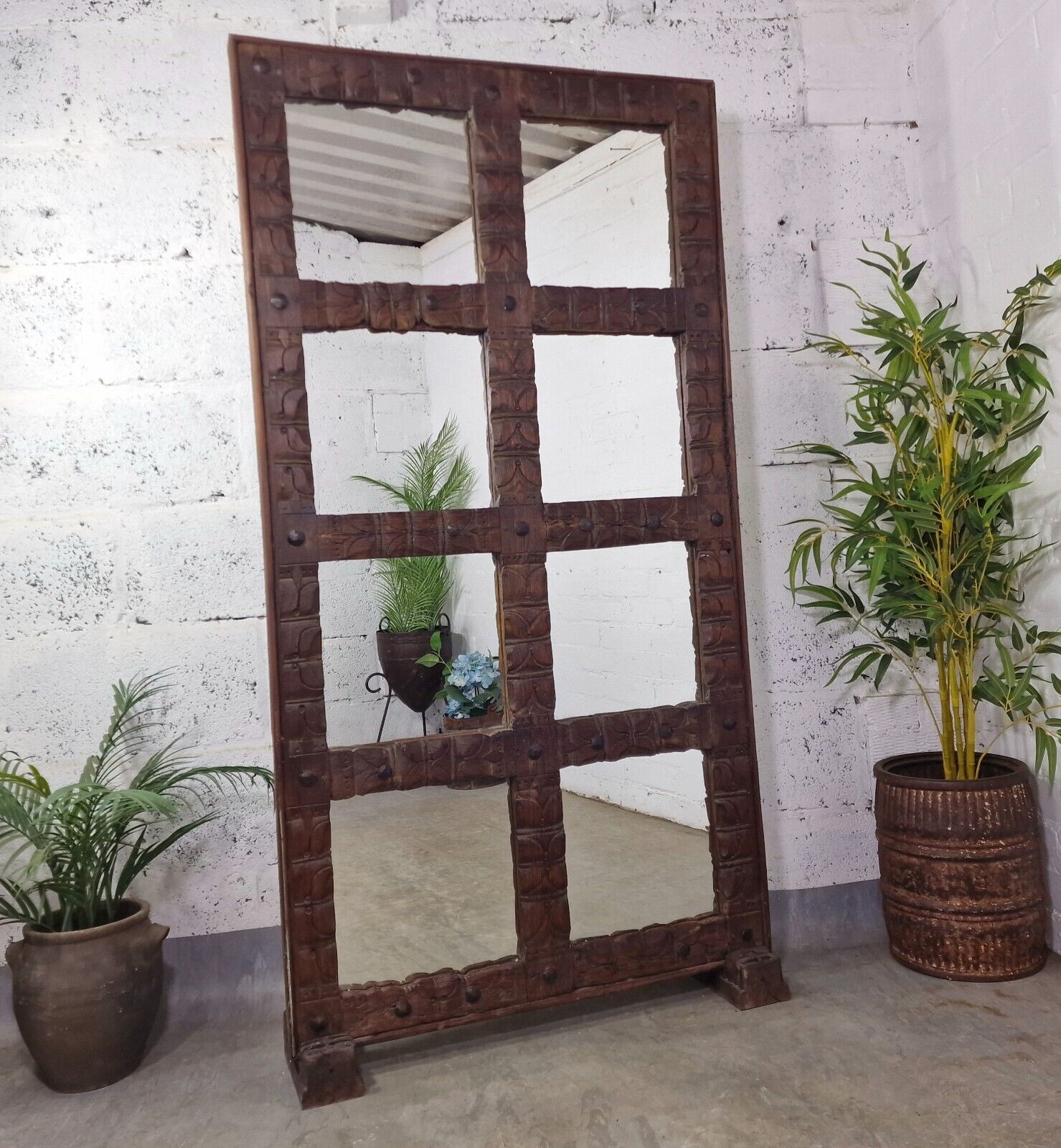 Large Vintage Reclaimed Indian Mirrored Carved Wooden Room Divider Screen Mirror