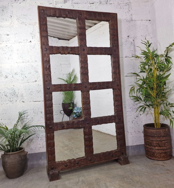 Large Vintage Reclaimed Indian Mirrored Carved Wooden Room Divider Screen Mirror