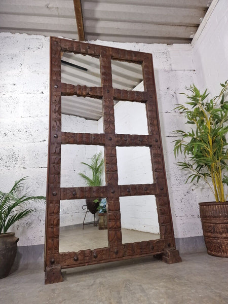 Large Vintage Reclaimed Indian Mirrored Carved Wooden Room Divider Screen Mirror