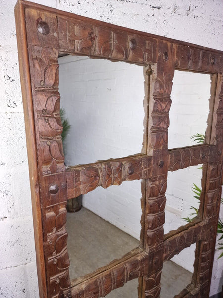 Large Vintage Reclaimed Indian Mirrored Carved Wooden Room Divider Screen Mirror