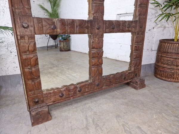 Large Vintage Reclaimed Indian Mirrored Carved Wooden Room Divider Screen Mirror
