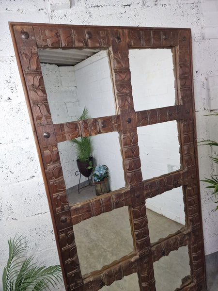 Large Vintage Reclaimed Indian Mirrored Carved Wooden Room Divider Screen Mirror
