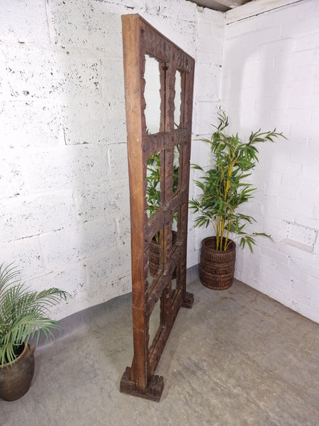Large Vintage Reclaimed Indian Mirrored Carved Wooden Room Divider Screen Mirror