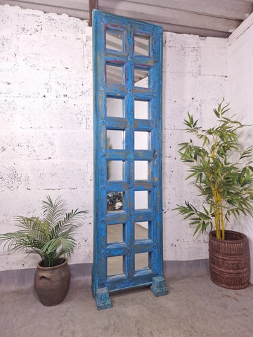 Large Vintage Reclaimed Indian Mirrored Carved Wooden Room Divider Screen Mirror