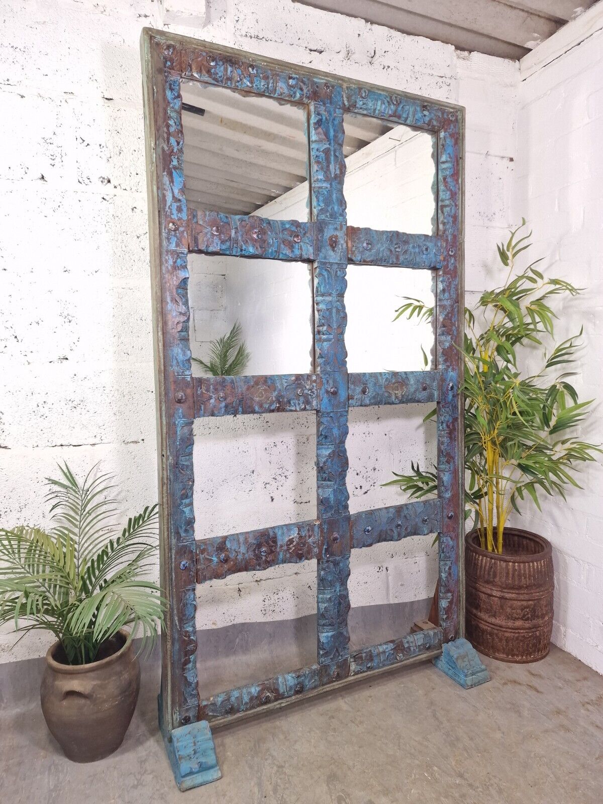 Large Vintage Reclaimed Indian Mirrored Carved Wooden Room Divider Screen Mirror