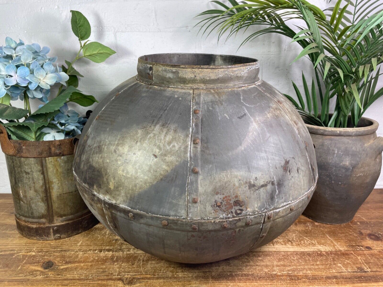XL Large Vintage Rustic Hand Beaten Riveted Indian Water Pot Vase Garden Planter