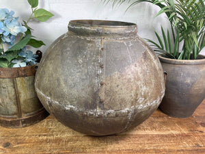 XL Large Vintage Rustic Hand Beaten Riveted Indian Water Pot Vase Garden Planter