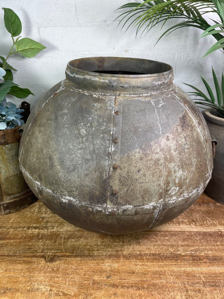 XL Large Vintage Rustic Hand Beaten Riveted Indian Water Pot Vase Garden Planter