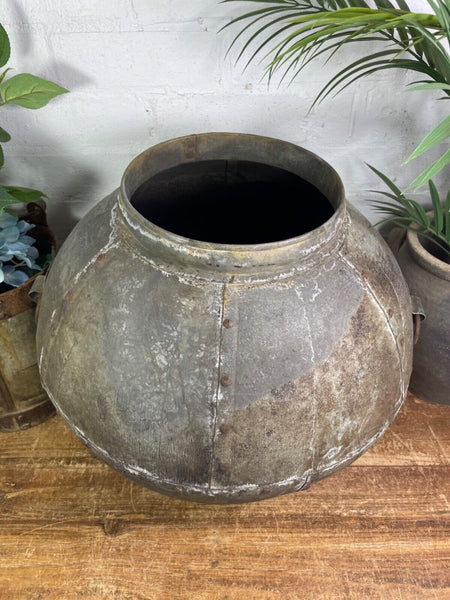 XL Large Vintage Rustic Hand Beaten Riveted Indian Water Pot Vase Garden Planter