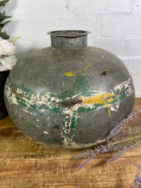 Vintage Rustic Authentic Indian Hand Beaten Riveted Water Pot Vase Bowl Vessel