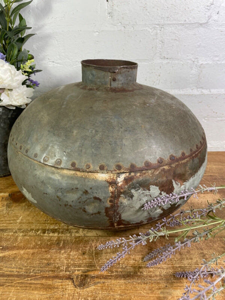 Vintage Rustic Authentic Indian Hand Beaten Riveted Water Pot Vase Bowl Vessel