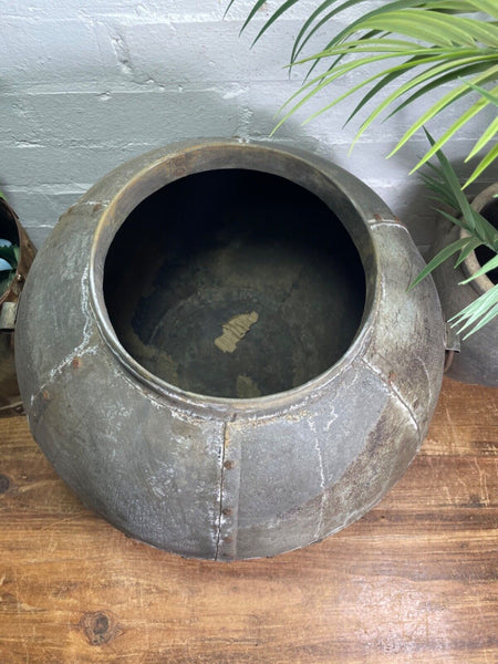 XL Large Vintage Rustic Hand Beaten Riveted Indian Water Pot Vase Garden Planter