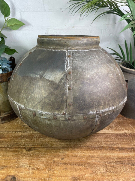 XL Large Vintage Rustic Hand Beaten Riveted Indian Water Pot Vase Garden Planter