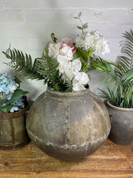 XL Large Vintage Rustic Hand Beaten Riveted Indian Water Pot Vase Garden Planter