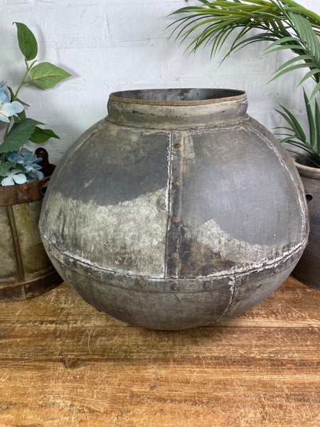 XL Large Vintage Rustic Hand Beaten Riveted Indian Water Pot Vase Garden Planter