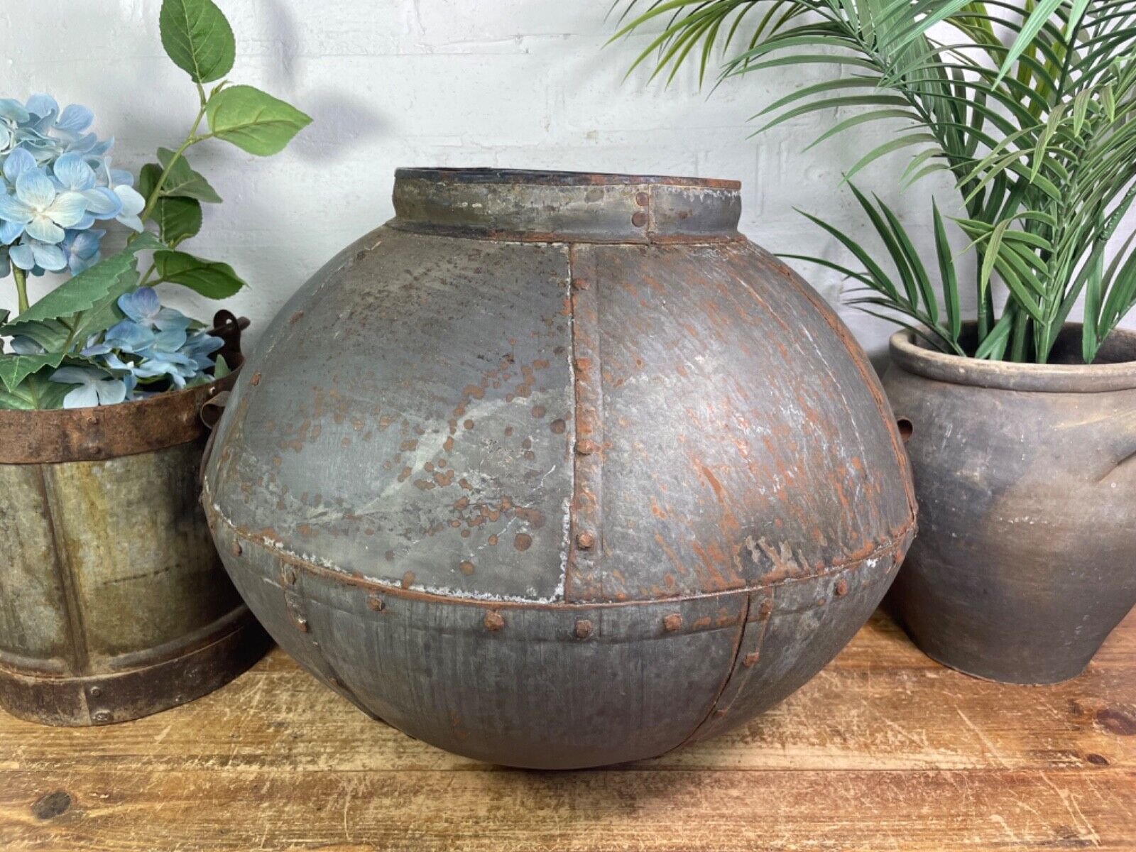 XL Large Vintage Rustic Hand Beaten Riveted Indian Water Pot Vase Garden Planter